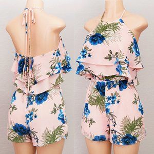 Pink Floral Flounce Ruffle Halter Tie Back Romper
